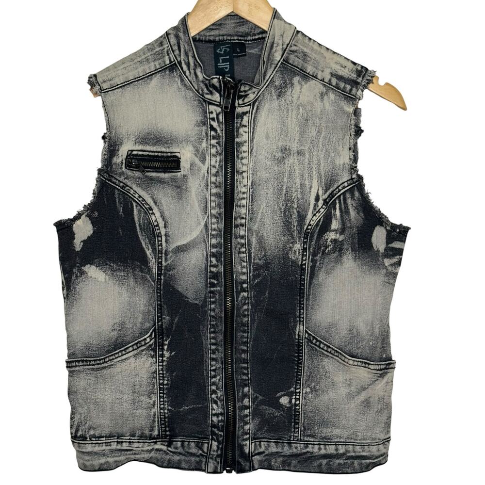 Lip Service Acid Wash Denim Zip Up Vest Punk Rock Size Large